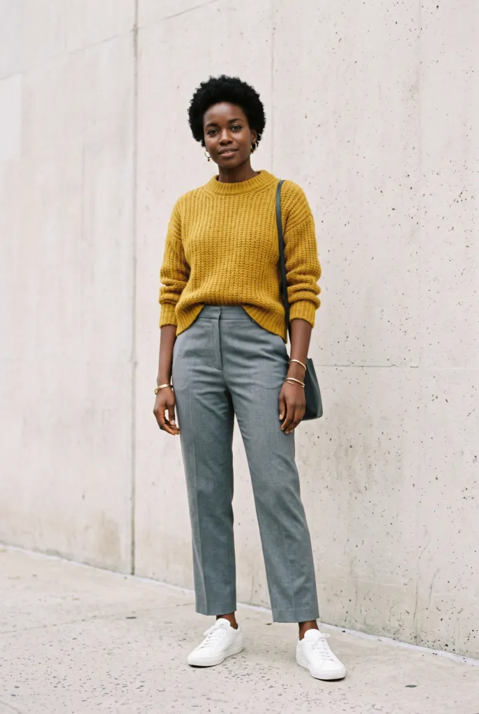Mujer con suéter mostaza y pantalón gris de pierna recta, combinación de colores gris y amarillo mostaza