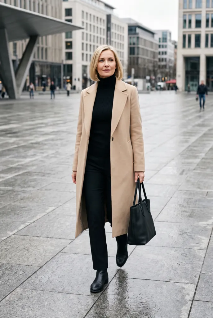 Mujer con abrigo beige largo sobre suéter y pantalón negros, con botines negros