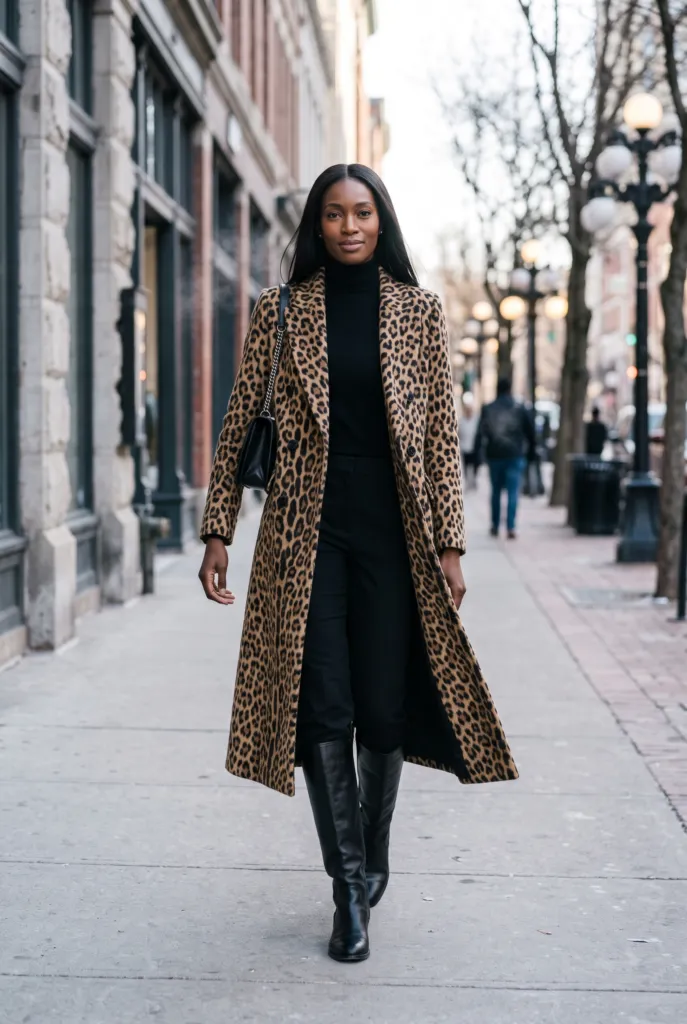 Mujer con abrigo largo de estampado de leopardo sobre conjunto negro y botas altas negras en la calle