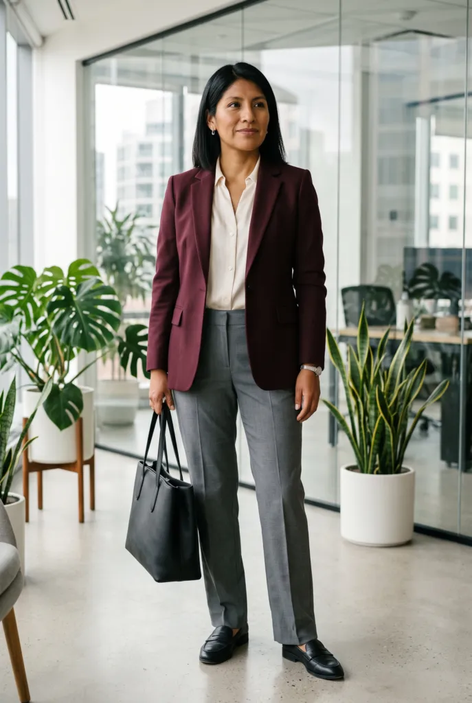 Mujer con blazer borgoña, blusa crema y pantalón gris de pierna recta en una oficina luminosa