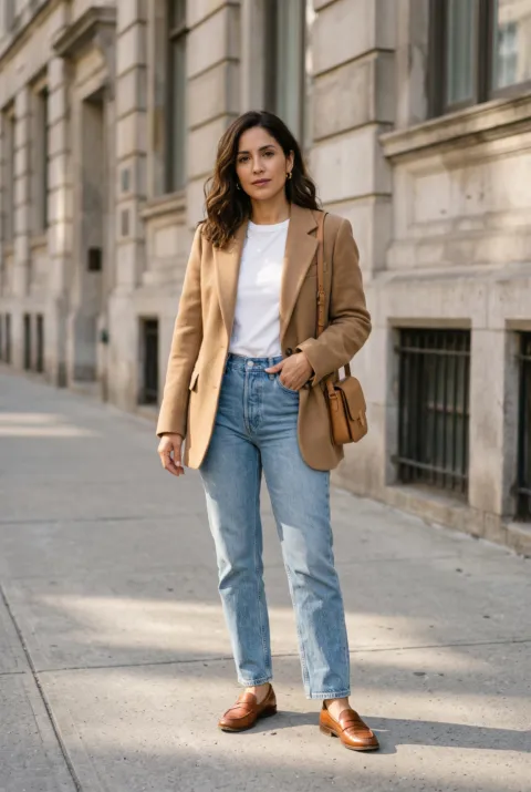 Mujer con blazer camel abierto, camiseta blanca, jeans rectos y mocasines en la calle