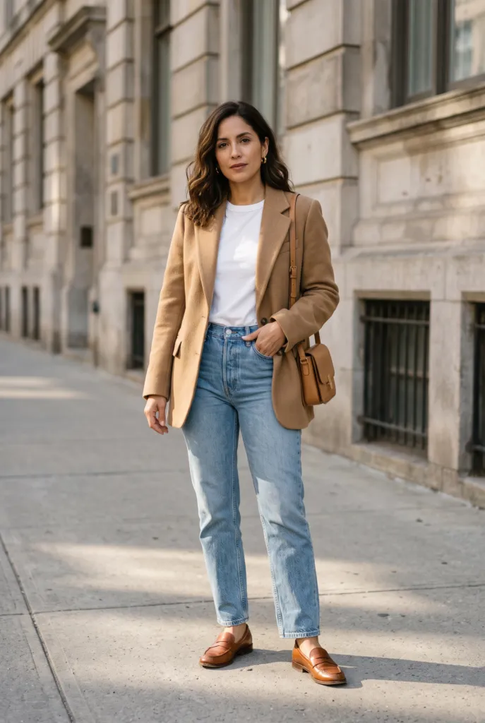 Mujer con blazer camel abierto, camiseta blanca, jeans rectos y mocasines en la calle