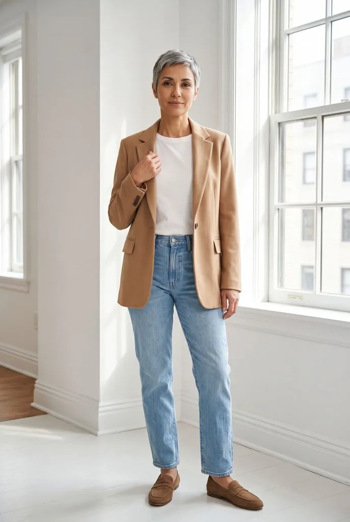 Mujer con blazer camel abierto sobre camiseta blanca, jeans rectos azul claro y mocasines marrones