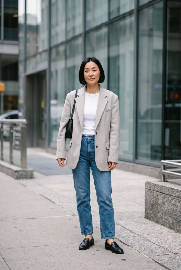 Mujer de unos 45 años con blazer gris oversize, camiseta blanca, jeans rectos y mocasines negros en la calle