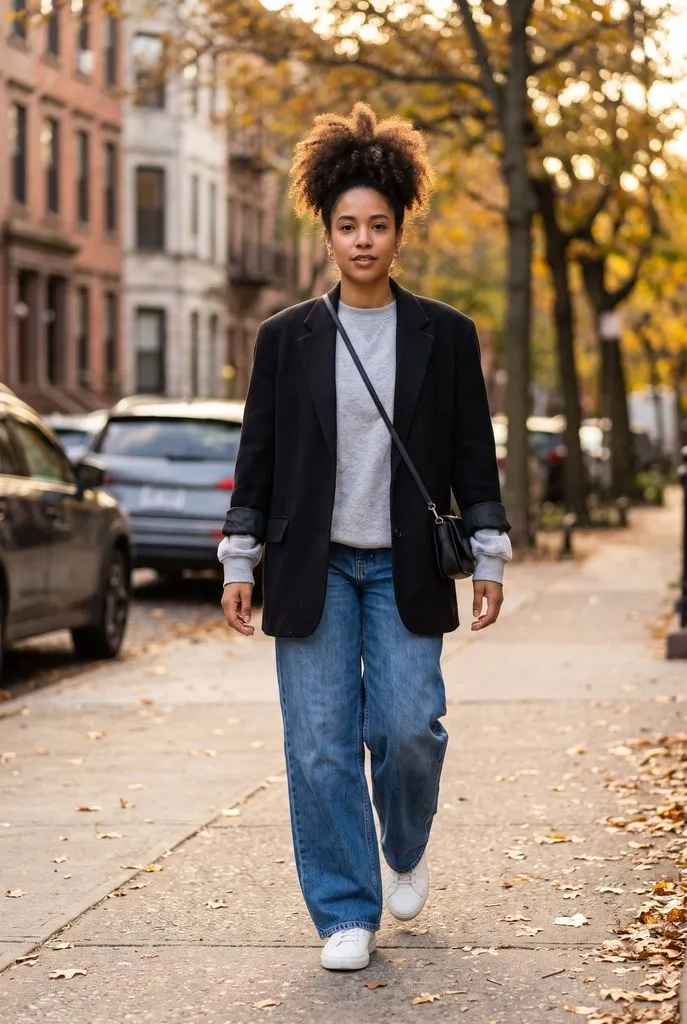 Mujer con blazer negro oversize sobre sudadera gris, jeans anchos y tenis blancos en una calle