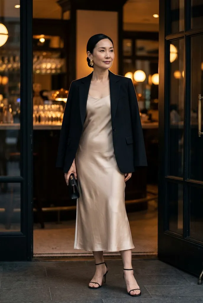 Mujer de pie con blazer negro sobre vestido lencero de satén color champán y sandalias de tacón