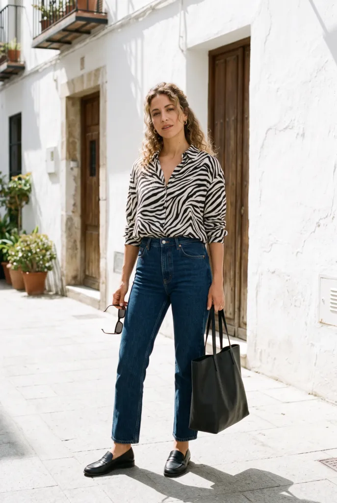 Mujer con blusa de estampado de cebra, jeans rectos azul oscuro y mocasines negros en un día soleado