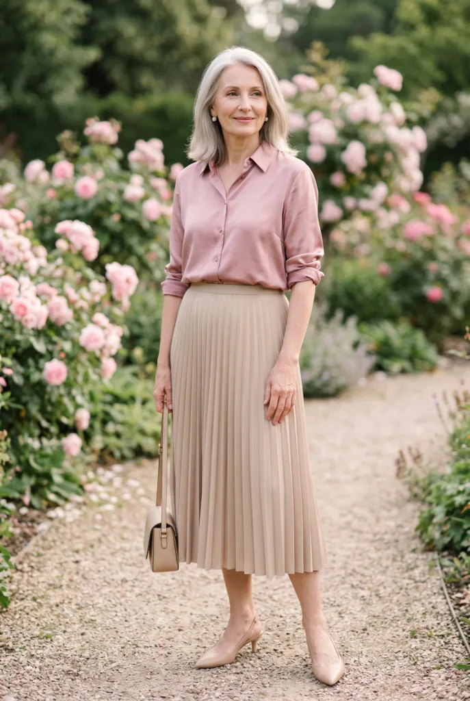 Mujer con blusa rosa empolvado y falda midi beige plisada en un jardín