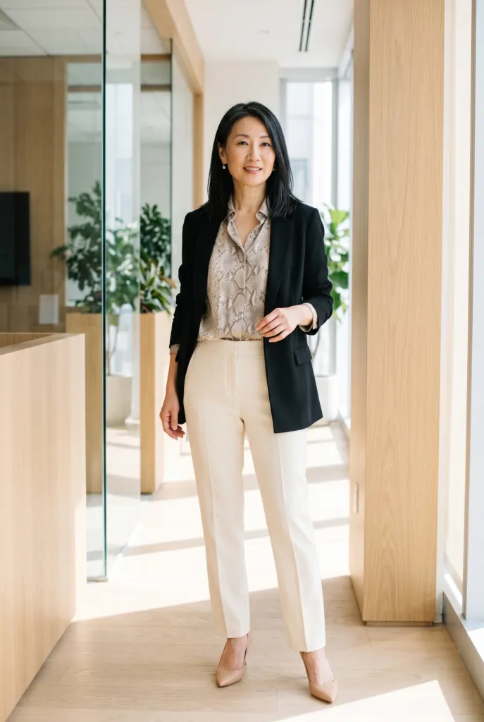 blusa-serpiente-blazer-negro-pantalon-crema