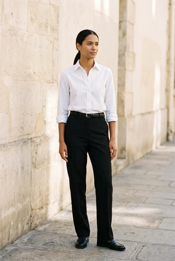 Mujer con camisa blanca bien planchada metida en pantalón negro de pierna recta y mocasines negros