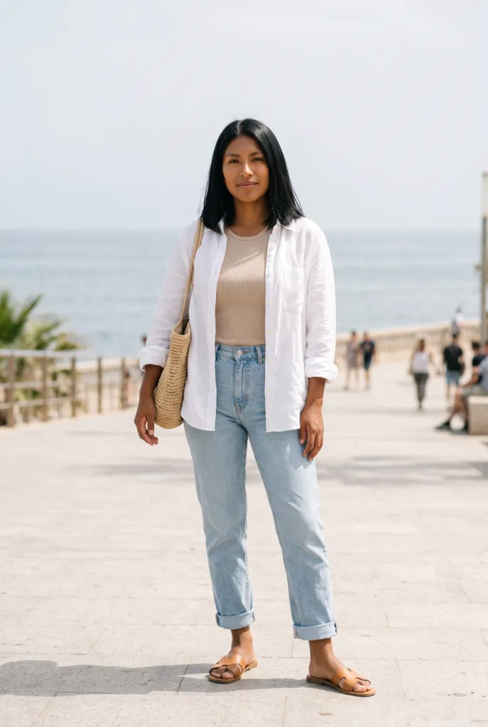 Mujer con camisa de lino blanca abierta, top beige, jeans claros remangados y sandalias planas en verano
