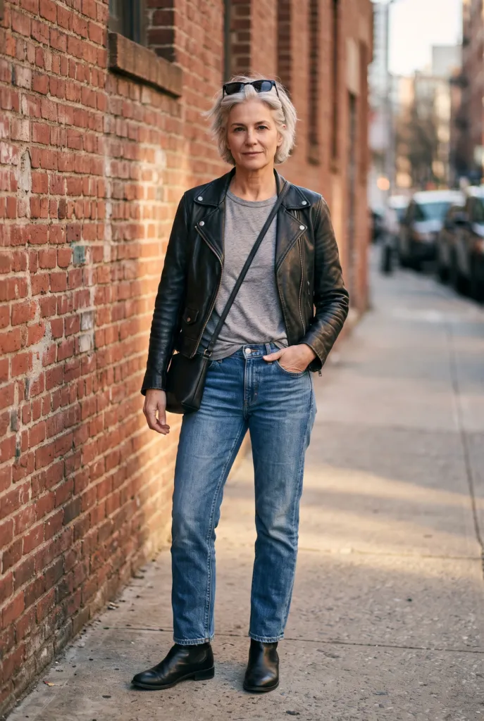 Mujer con chaqueta de cuero negra, camiseta gris y jeans rectos azul medio con botines negros