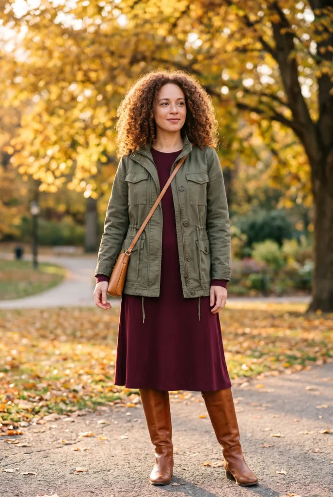 Mujer con chaqueta utilitaria verde oliva sobre vestido midi borgoña y botas altas marrones