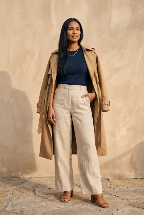 Mujer con pantalón ancho beige, top azul marino y gabardina camel sobre los hombros