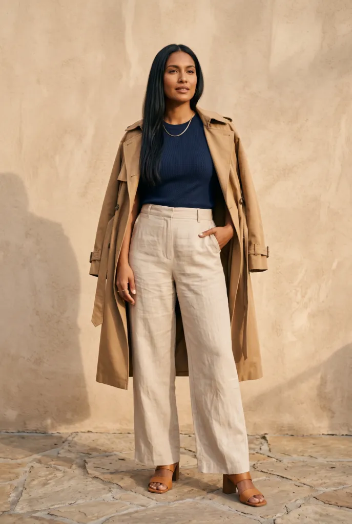 Mujer con pantalón ancho beige, top azul marino y gabardina camel sobre los hombros