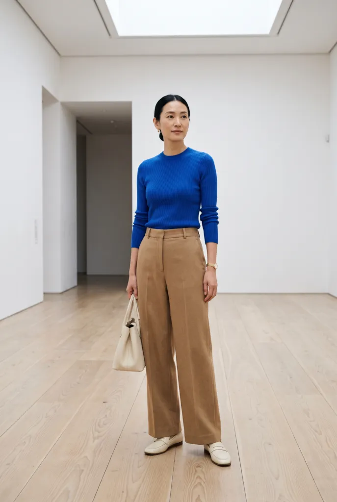 Mujer con suéter azul cobalto y pantalón ancho camel, combinación de colores azul cobalto y camel