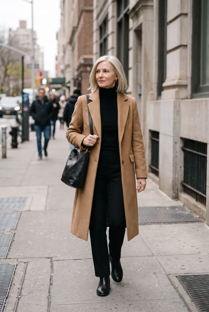 Mujer con abrigo camel sobre suéter y pantalón negros, combinación de colores camel y negro