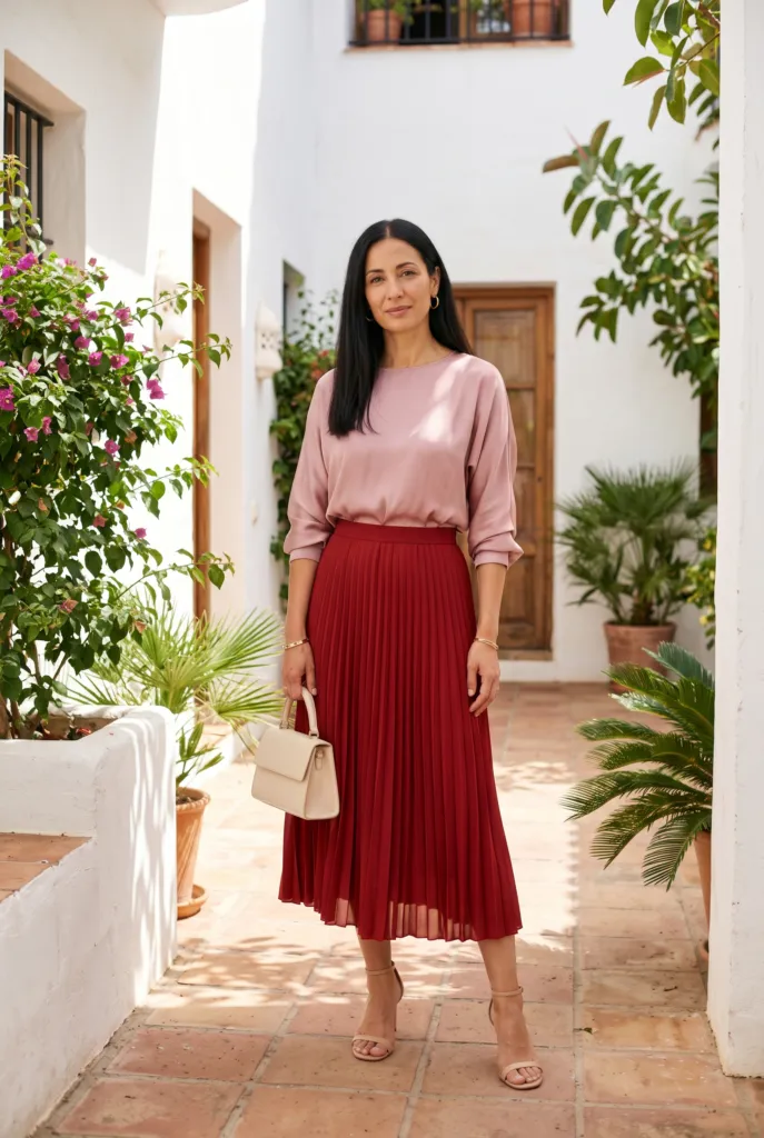 Mujer con blusa rosa empolvado y falda midi roja, combinación de colores rosa y rojo tono sobre tono