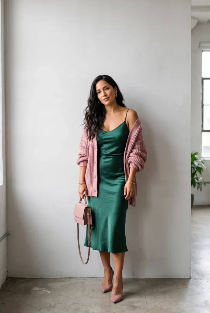 Mujer con vestido de satén verde esmeralda y accesorios rosa empolvado frente a una pared gris clara