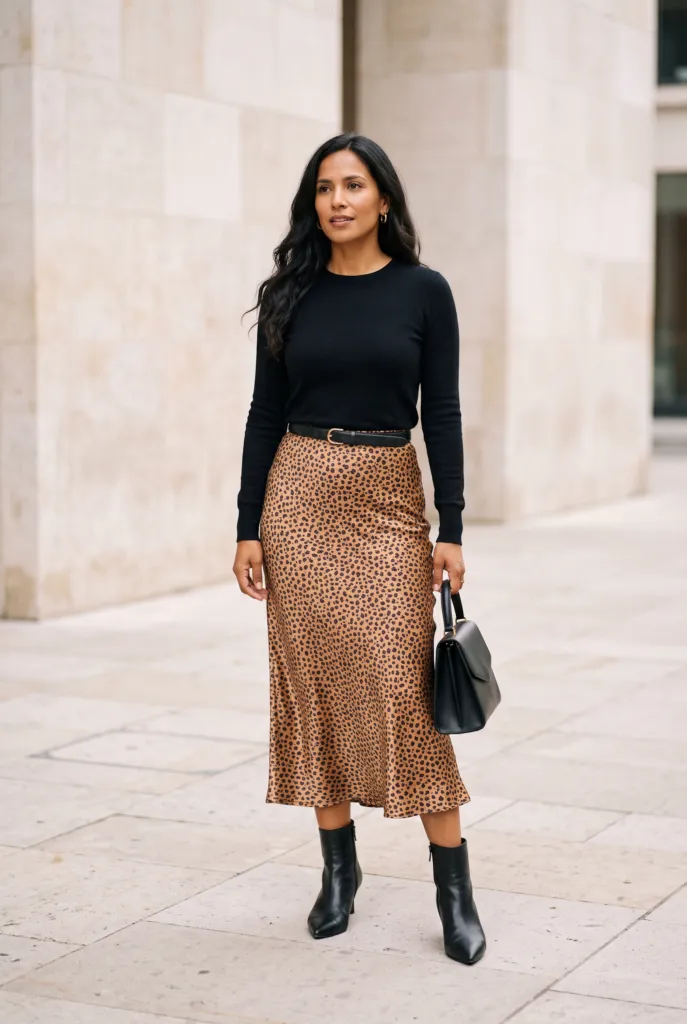 Mujer con falda midi de leopardo, top negro de punto fino y botines negros en una plaza