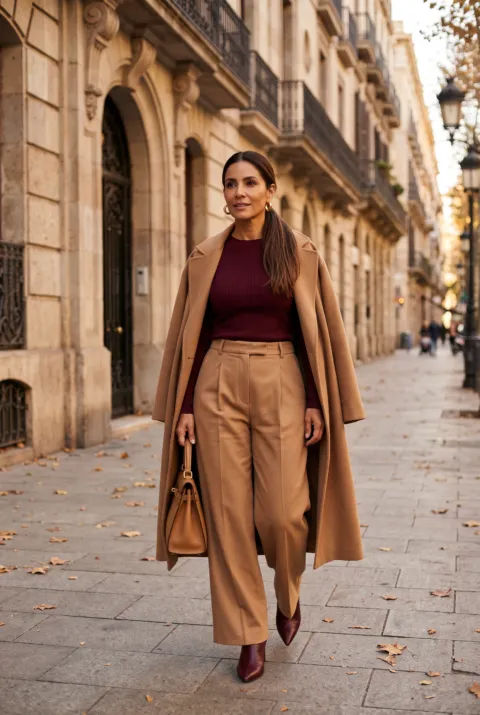 Mujer con suéter borgoña, pantalón ancho camel, abrigo camel y botines borgoña en una calle de otoño