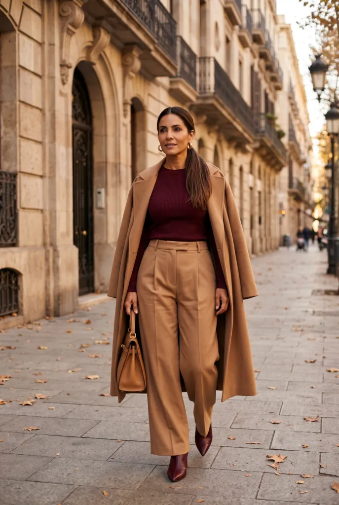 Mujer con suéter borgoña, pantalón ancho camel, abrigo camel y botines borgoña en una calle de otoño