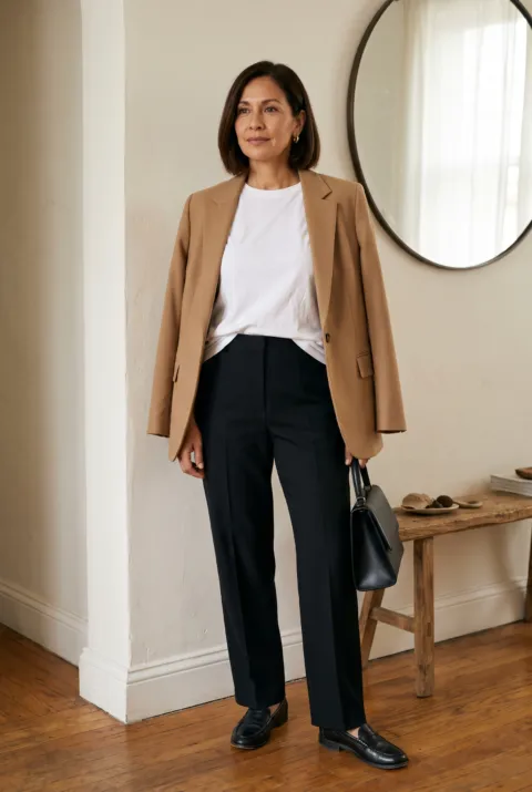 Mujer con camiseta blanca, pantalón negro de raya, blazer camel abierto y mocasines negros