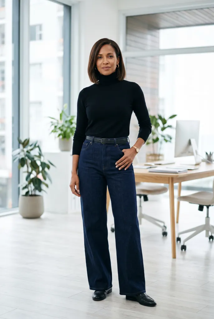 Mujer con suéter fino de cuello alto negro, jeans wide leg azul oscuro y mocasines en una oficina