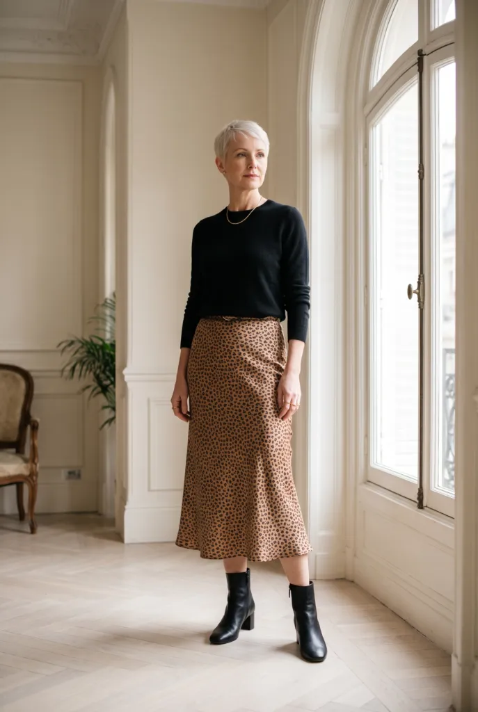 Mujer con falda midi de satén con estampado de leopardo, suéter negro de punto fino y botines negros