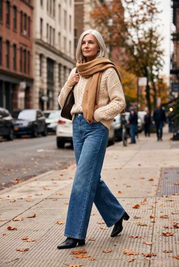 Mujer con jeans wide leg azul medio, suéter grueso crema y botines negros de tacón ancho