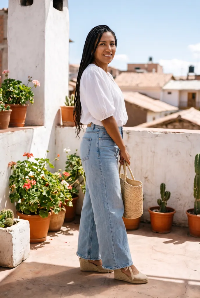 Mujer con jeans wide leg claros, blusa ligera blanca y alpargatas de cuña en una terraza soleada