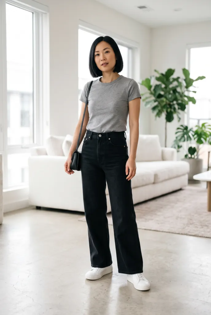 Mujer con jeans wide leg negros, camiseta ajustada gris y tenis blancos con plataforma ligera