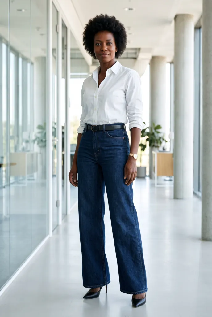 Mujer con jeans wide leg oscuros, blusa blanca metida por dentro y zapatos de tacón de punta fina