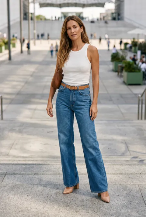 Mujer con jeans wide leg azul medio, top blanco y zapatos de tacón nude de punta fina