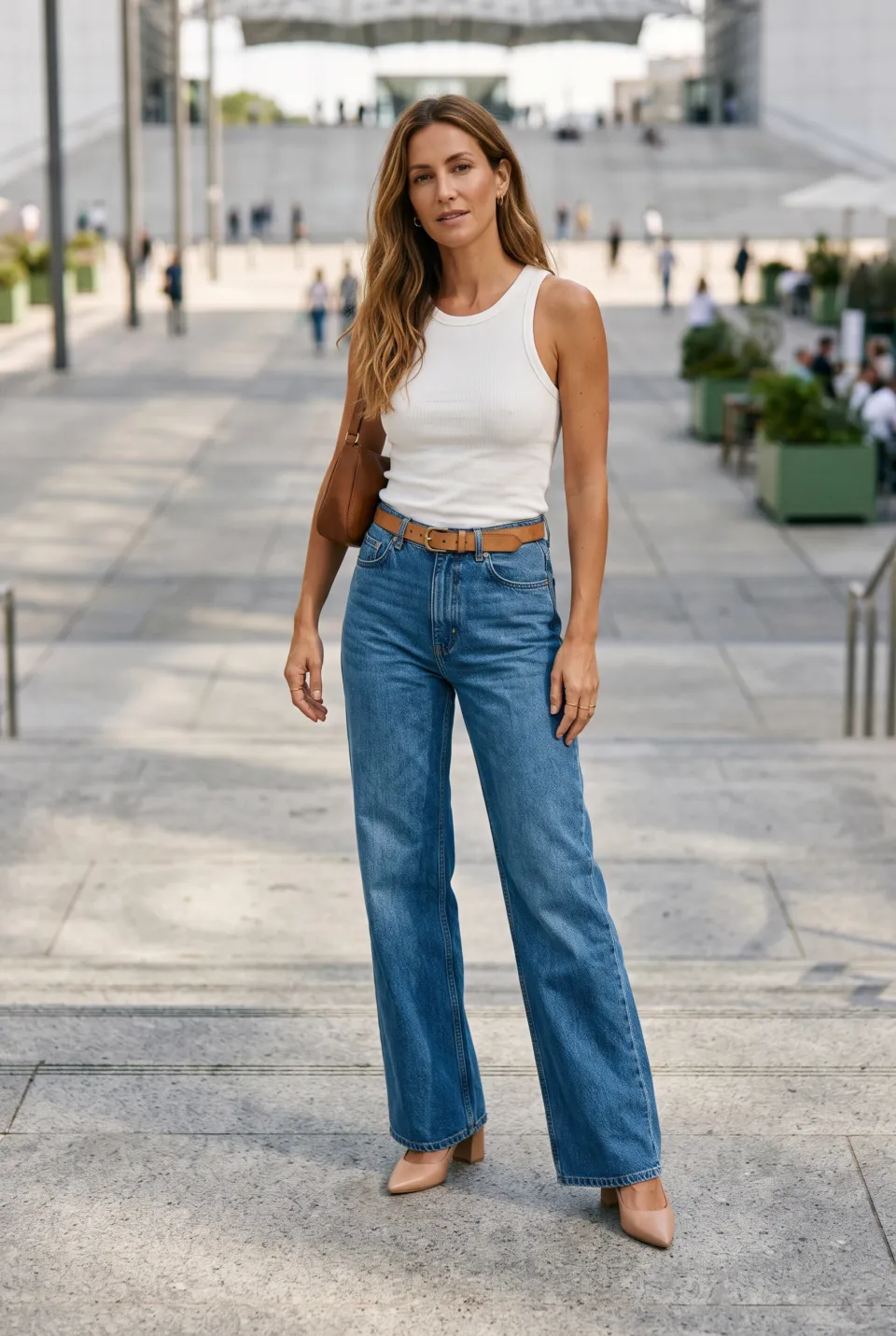 Mujer con jeans wide leg azul medio, top blanco y zapatos de tacón nude de punta fina