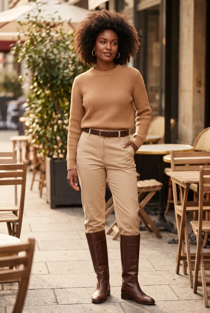 Mujer con look tono sobre tono en beige, camel y marrón chocolate, con botas altas marrones