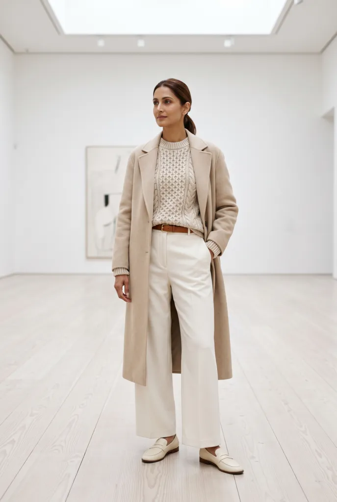 Mujer con look monocromático beige: abrigo arena, suéter de punto avena y pantalón hueso