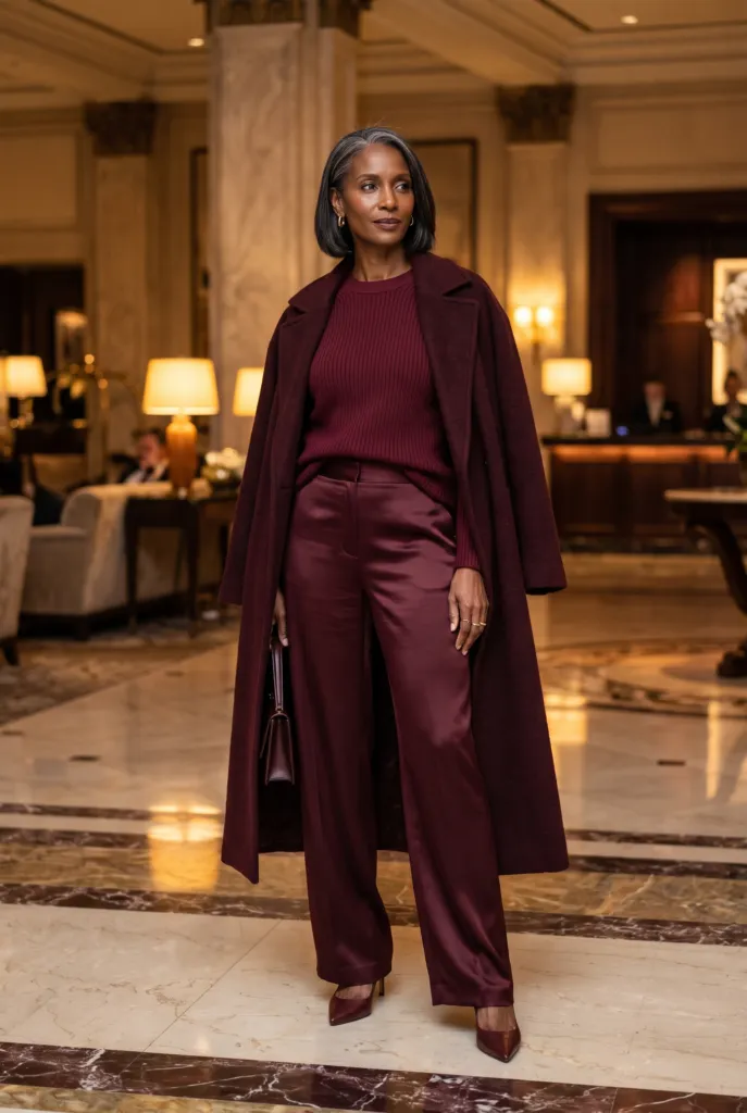 Mujer con look monocromático borgoña: suéter de punto, pantalón de satén y abrigo largo en tonos vino