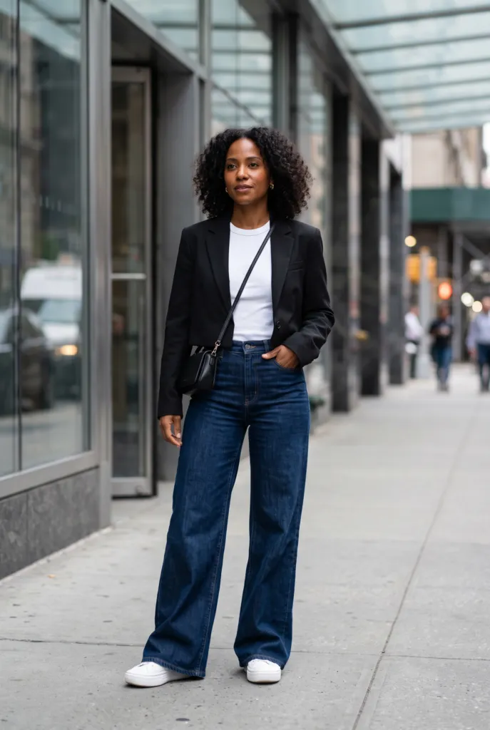 Mujer bajita con jeans wide leg de tiro alto que cubren el zapato, camiseta blanca metida y blazer corto
