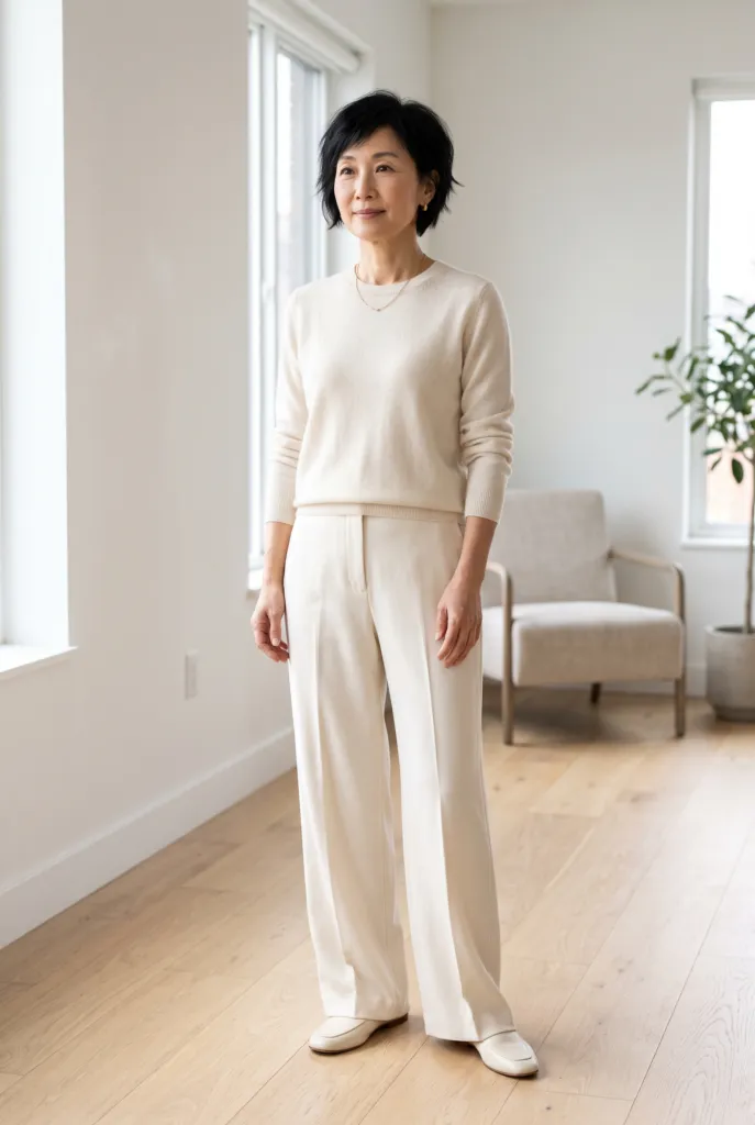 Mujer bajita con look monocromático crema: suéter, pantalón ancho de tiro alto y mocasines en el mismo tono