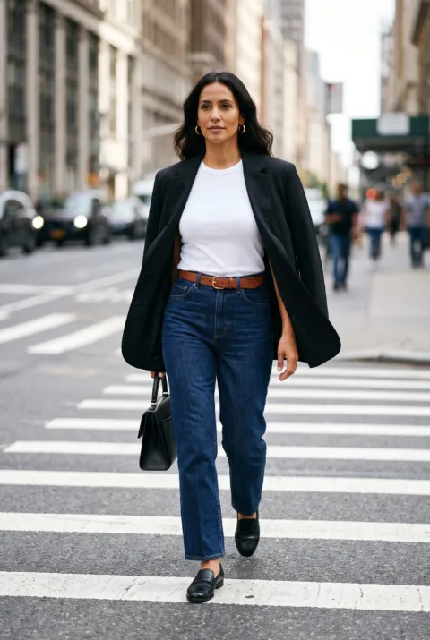 Mujer con jeans rectos oscuros, camiseta blanca, blazer negro abierto y mocasines cruzando la calle