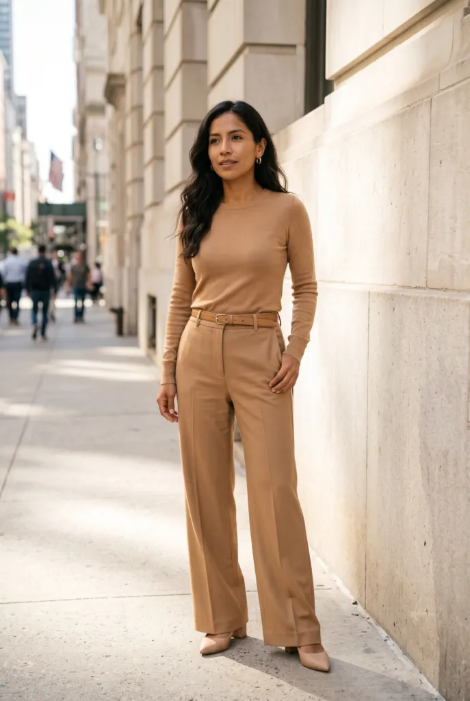 Mujer bajita con top y pantalón ancho de tiro alto en camel, look monocromático que alarga la silueta