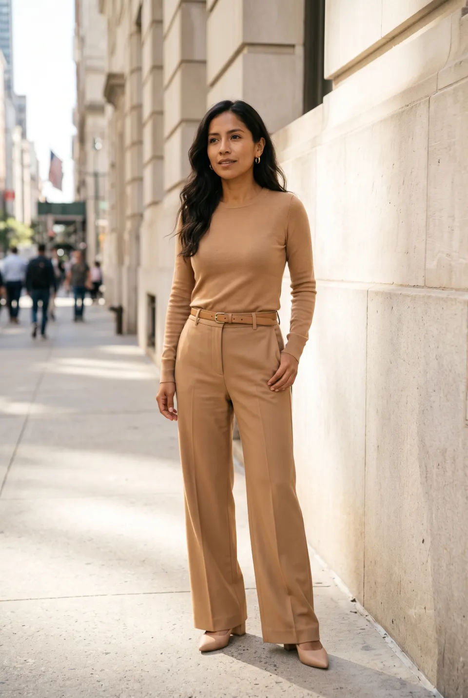 Mujer bajita con top y pantalón ancho de tiro alto en camel, look monocromático que alarga la silueta