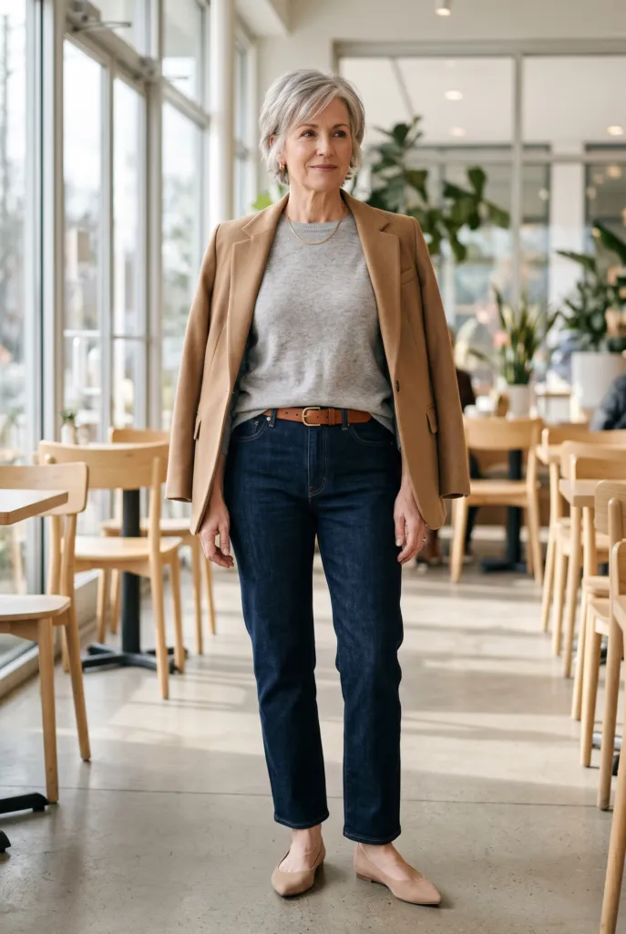 Mujer con suéter fino gris metido por delante en jeans oscuros, cinturón marrón y blazer camel sobre los hombros