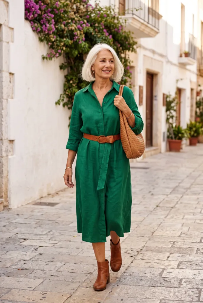 Mujer de unos 60 años con vestido camisero verde esmeralda, cinturón marrón y botines en una calle soleada
