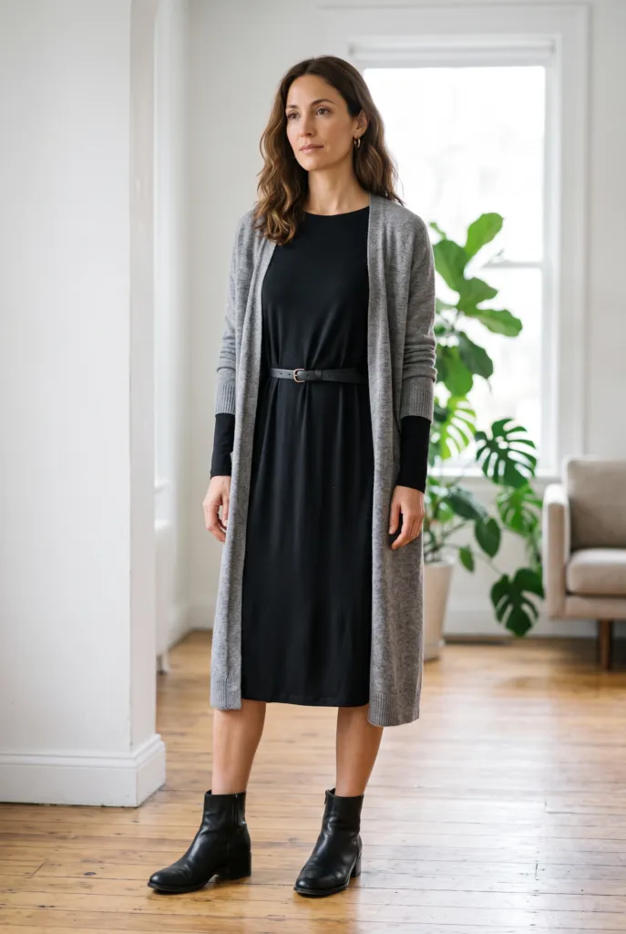 Mujer con vestido negro sencillo, cárdigan largo gris, cinturón fino y botines en un interior luminoso